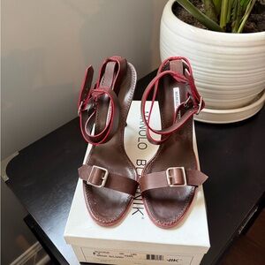 Manolo Blahnik Brown Leather Sandals with Red Trim